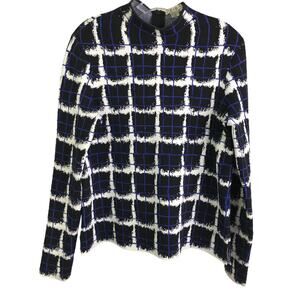 Reiss Zhenya Top Womens M Black Blue White Check Long Sleeve Crew Neck Back Zip